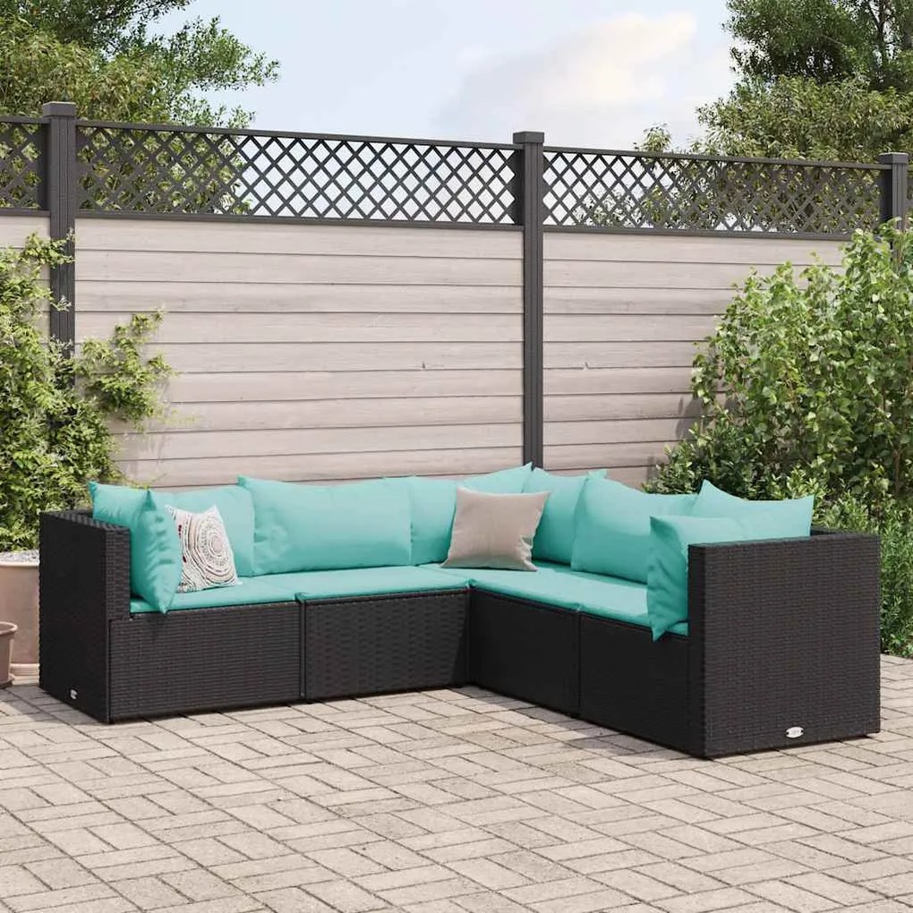 vidaXL 5 pcs conjunto lounge de jardim c/ almofadões vime PE preto