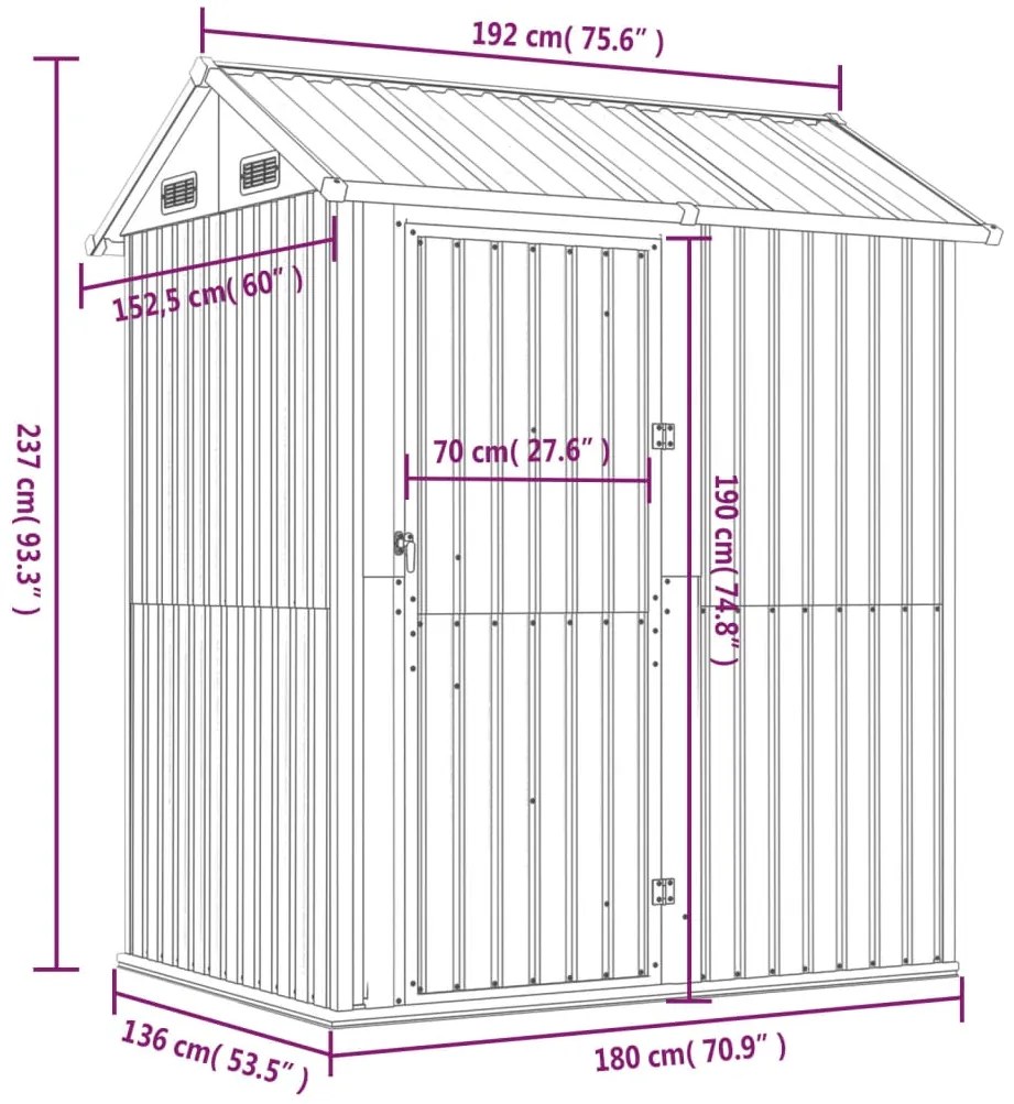 Abrigo de jardim 192x152,5x237 cm aço galvanizado cinza-claro