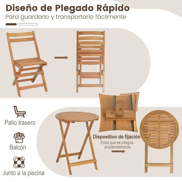 Conjunto de Mesa Redonda e 2 Cadeiras Dobráveis em Madeira de Acácia Mesa e Cadeiras de Interior para Pátio Varanda Jardim Natural