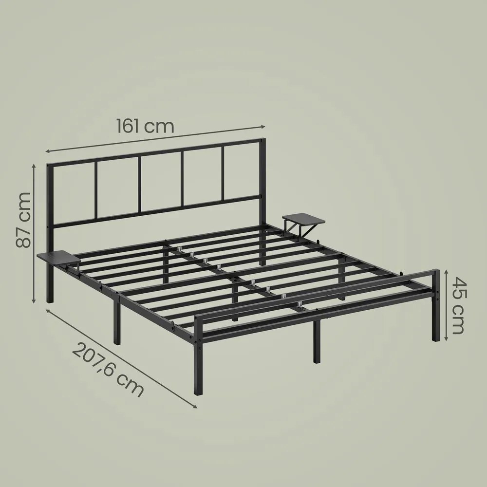 Estrutura de cama de casal 160 x 200 cm (COLCHÂO NÃO INCLUIDO)com 2 prateleiras e com estrutura metálica e estrado Preta
