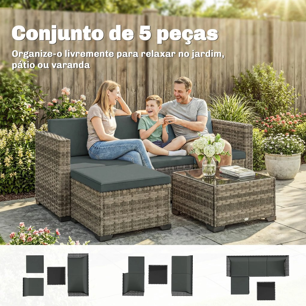 Conjunto de Jardim em Vime de 5 Peças Inclui Almofadas 2 Poltronas de Canto Poltrona sem Braços Apoia-Pés e Mesa de Centro Cinza Escuro