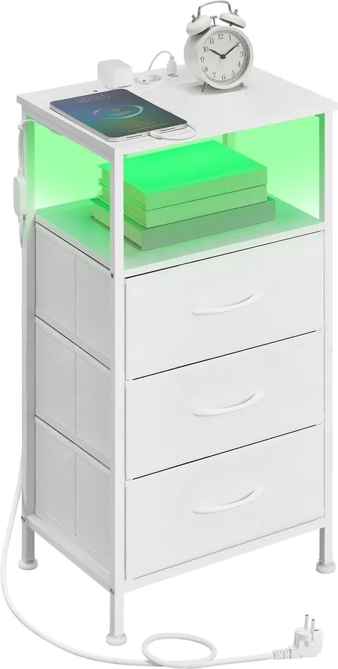 Mesa de cabeceira 30 x 39,6 x 75,9 cm com iluminação LED e base de carregamento, com 3 gavetas e compartimento aberto, branca