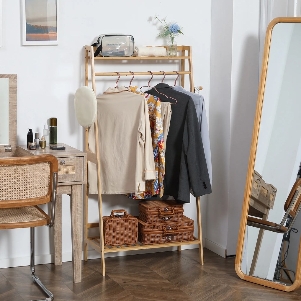 Guarda roupa com 2 prateleiras, 2 ganchos e 1 barra de suspensão em bambu - 82 x 36,8 x 140 cm