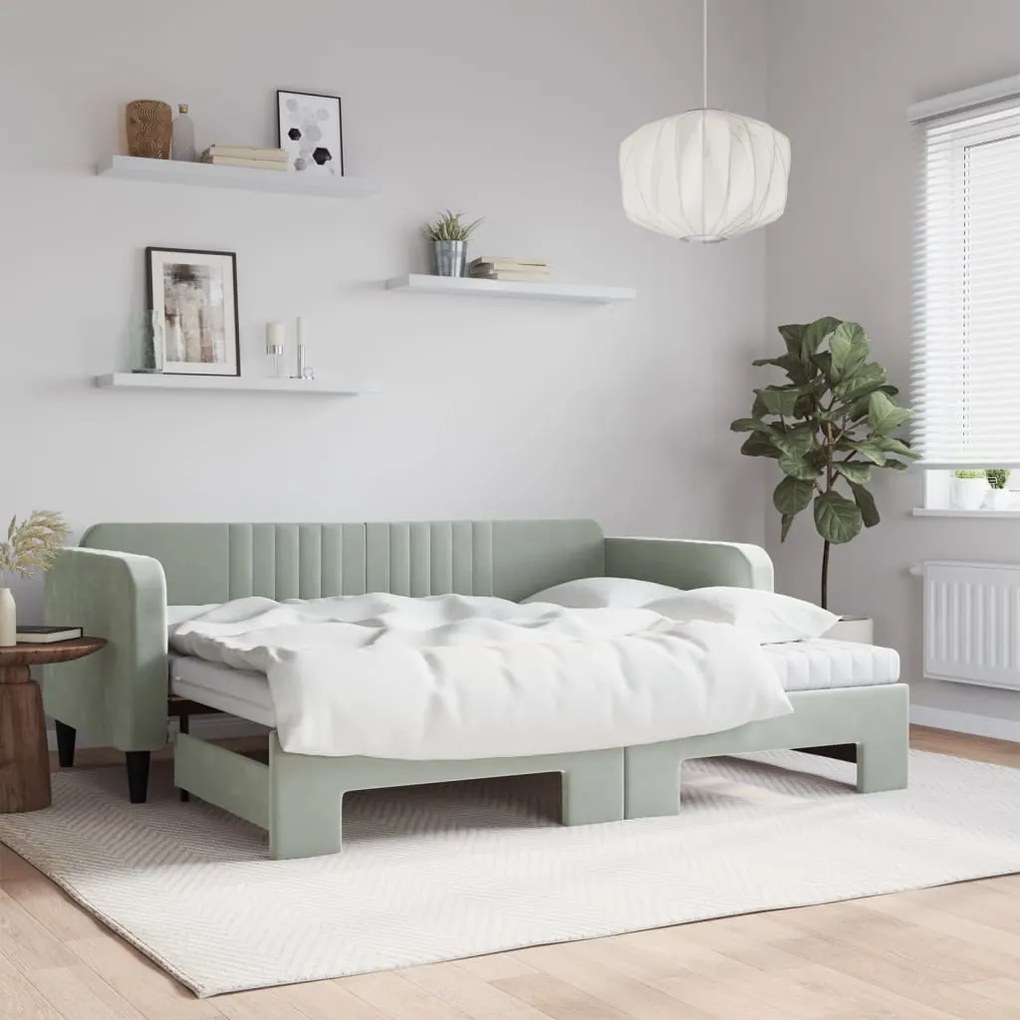 vidaXL Sofá-cama c/ gavetão e colchões 90x200 cm veludo cinzento-claro