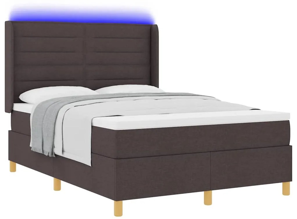Cama Box Spring com Colchão e LED Castanho Escuro 140x200 cm em Tecido