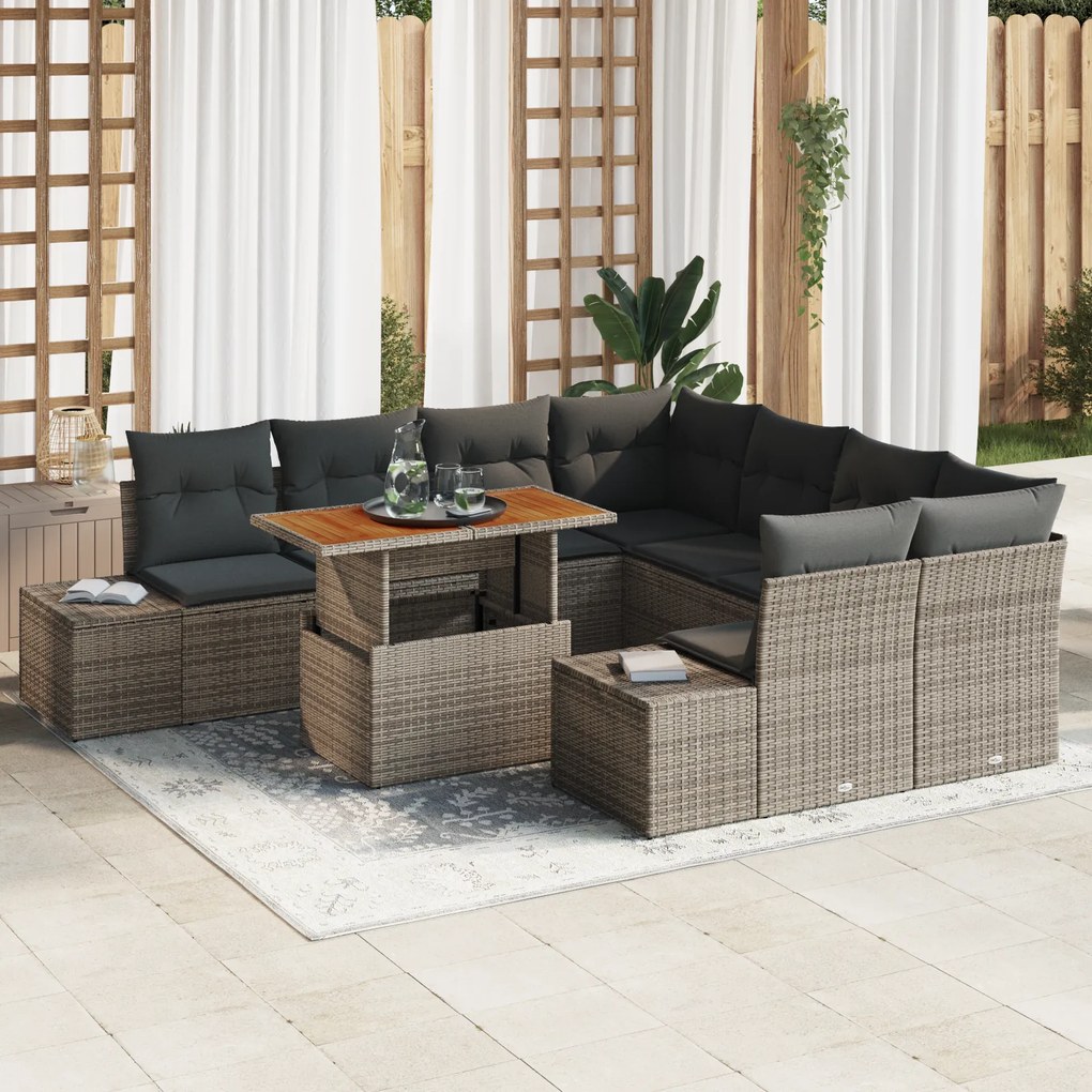 Conjunto de Sofá de Jardim de 9 Peças com Almofadas Cinza Rattan de Po
