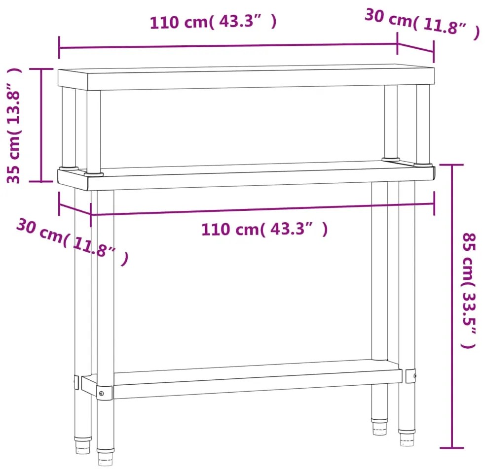 Mesa trabalho cozinha c/ prateleira 110x30x120cm aço inoxidável