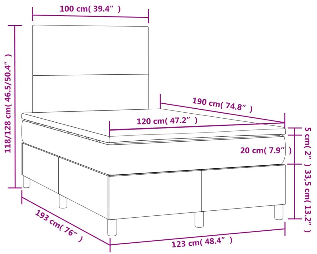 Cama box spring c/ colchão/LED 120x190cm tecido castanho-escuro