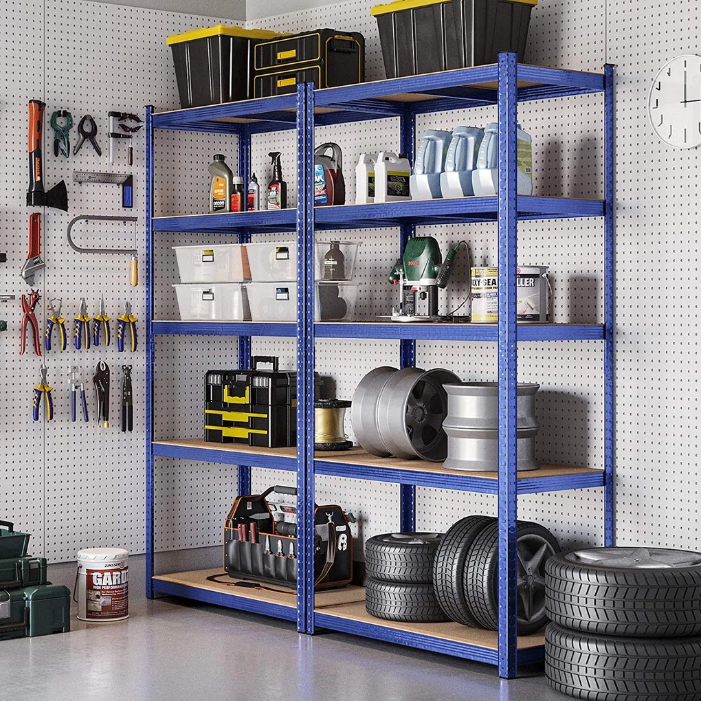 Conjunto 2 Estantes de arrumação garagens, armazem, arrumos com 5 níveis 40 x 90 x 180 cm Azul