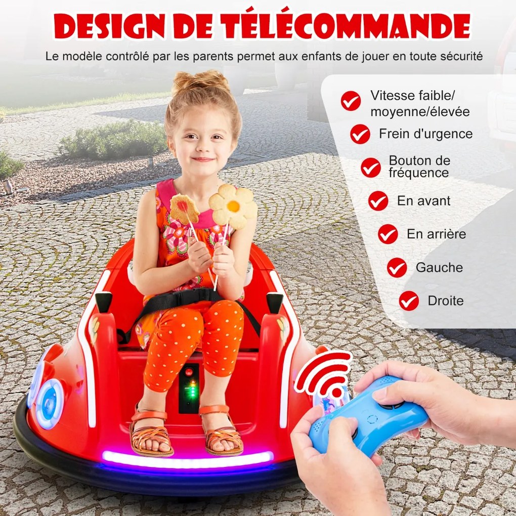 Carrinho de choque infantil 12V com rotação de 360 ​​graus, música, luzes e controle remoto, roxo