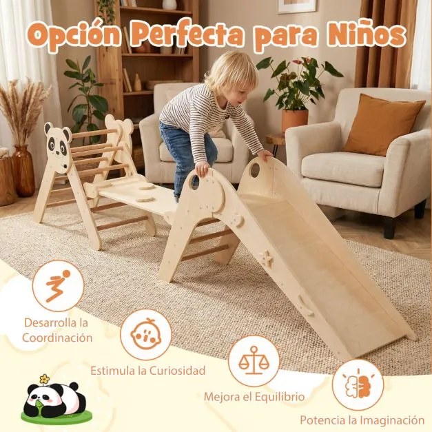 Parque dobrável para escalada para crianças Montessori de escalada em madeira com tema de panda Ginásio interior com escorrega Natural