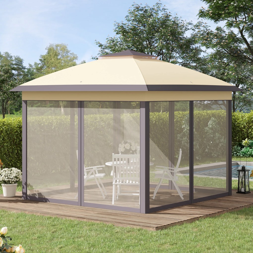 Outsunny Pérgola Dobrável Exterior 3,3x3,3x2,88m com Altura Ajustável Pérgola de Jardim com Duplo Teto 4 Mosquiteiras Removíveis e Bolsa de Transporte para Acampamento Festas Bege