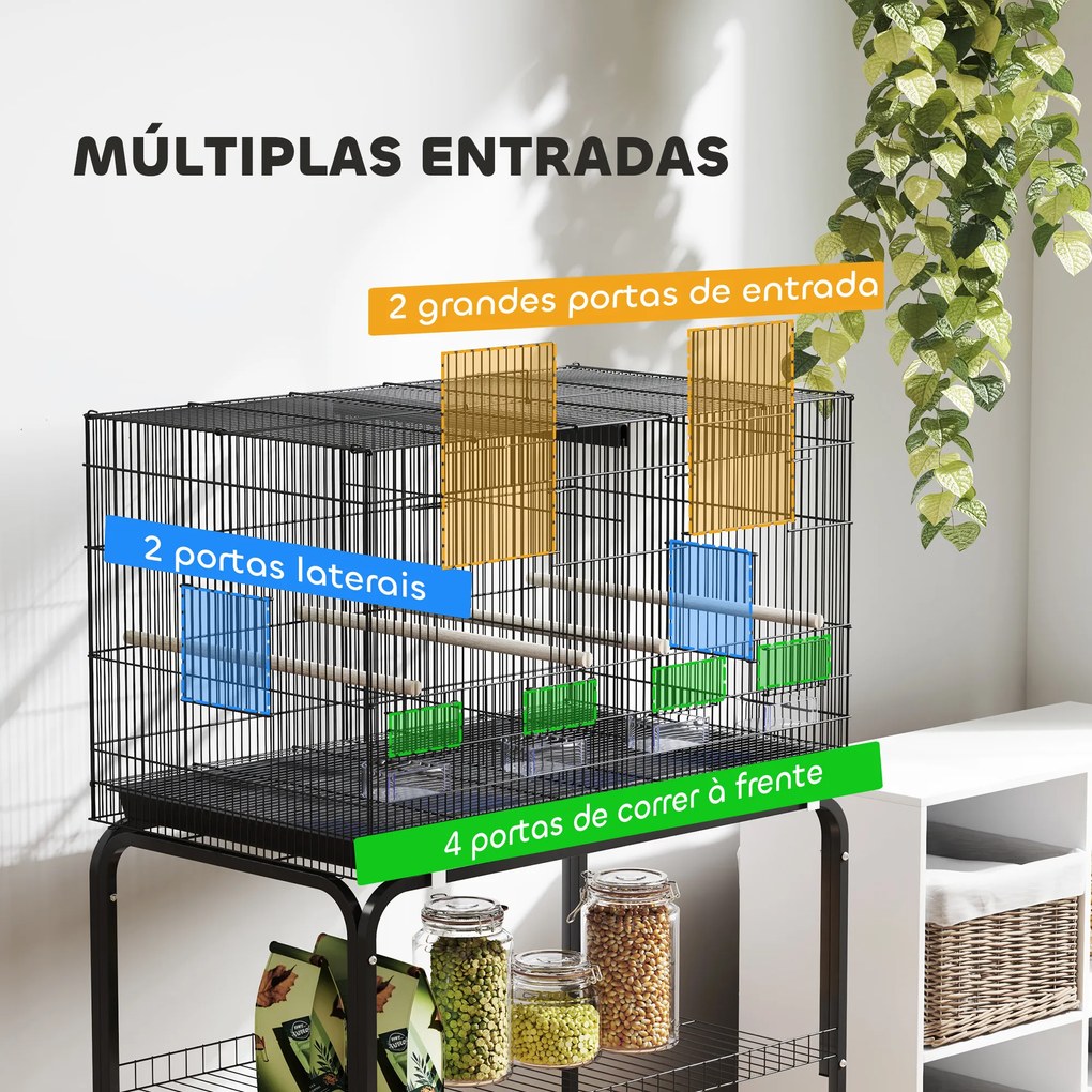 Gaiola para Pássaros com Divisória Rodas Gaiola para Aves com Comedouros Poleiros e Bandeja Removível 76x46x116 cm Preto