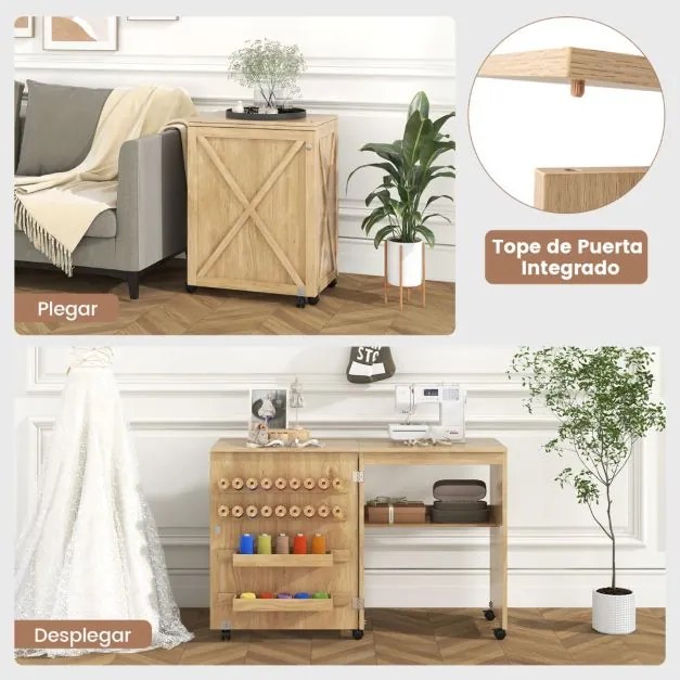 Mesa de Costura Dobrável Multifuncional Estante Compacta 2 Tabuleiros e 18 Pinos Armário de Costura com Porta e 5 Rodas Natural