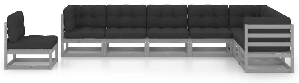 8 pcs conjunto lounge de jardim + almofadões pinho maciço cinza