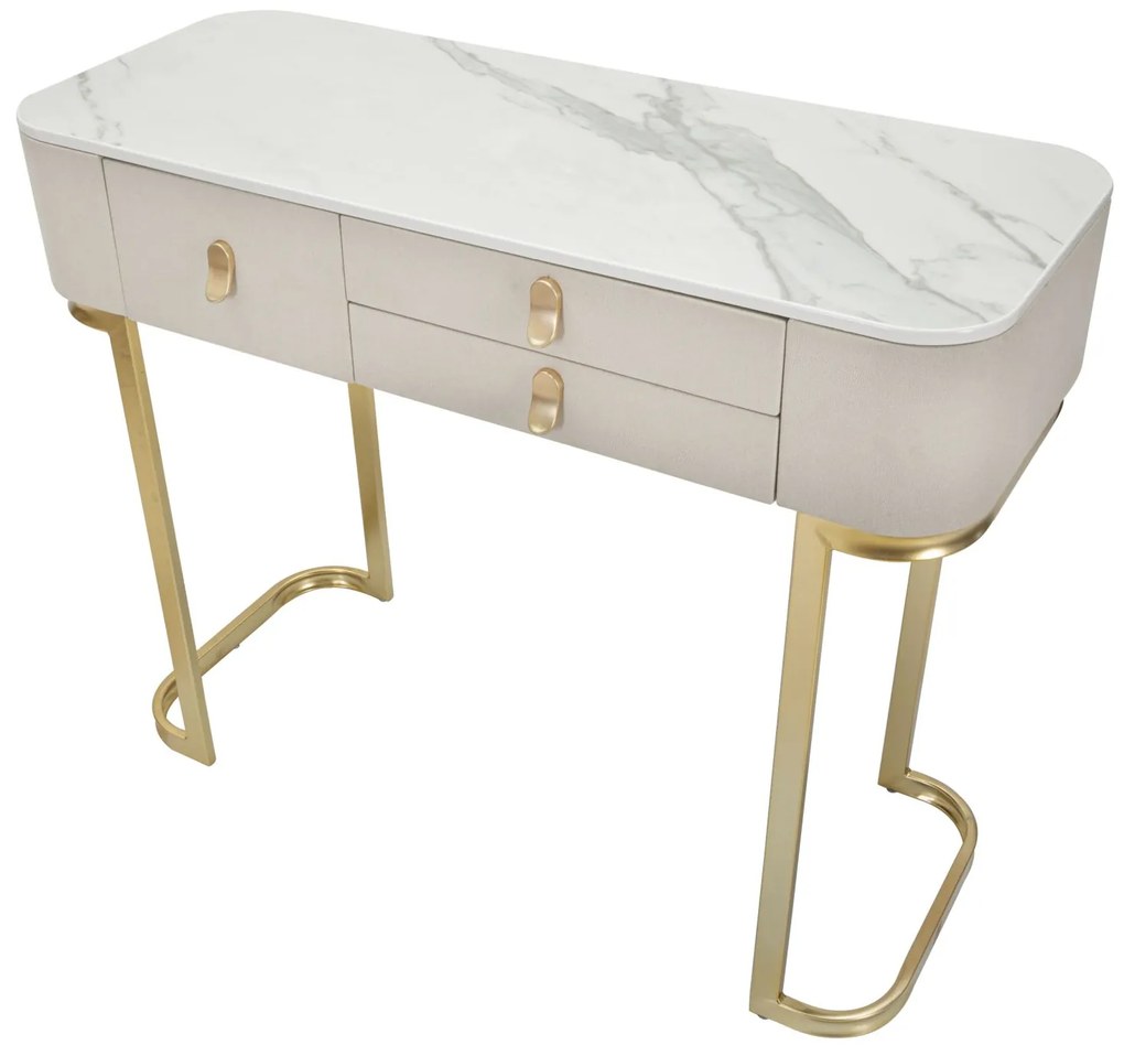 MESA CONSOLA COM 3 GAVETAS BEAUTY 100X40X80 CM CREME E DOURADO