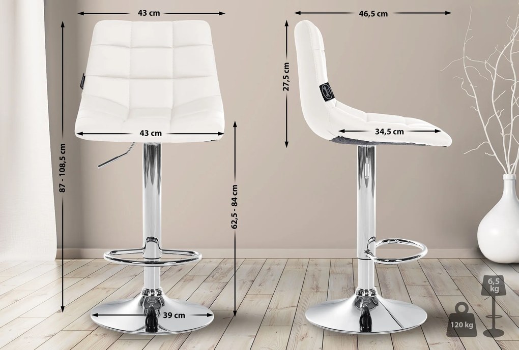 Conjunto de 2 bancos altos Jerry em couro sintético com estrutura cromada 87-108,5 x 43 x 46,5 cm Branco