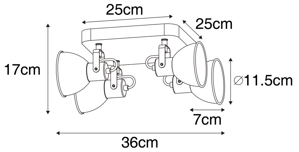 Foco industrial preto com madeira inclinável 4-luzes - Tommy