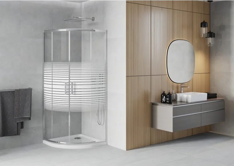 Mexen Rio cabine de duche semicircular 90 x 90 cm, faixas brancas, cromado + base Flat, branco - 863-090-090-01-20-4110