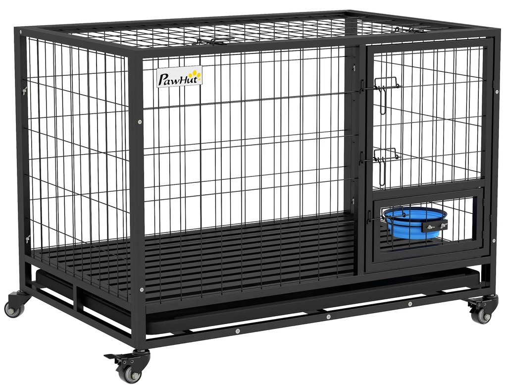PawHut Gaiola para Cães com Parte Superior Rebatível Suporte de Tigelas Bandeja Amovível Rodas e Porta Dupla 109x72x79 cm Preto