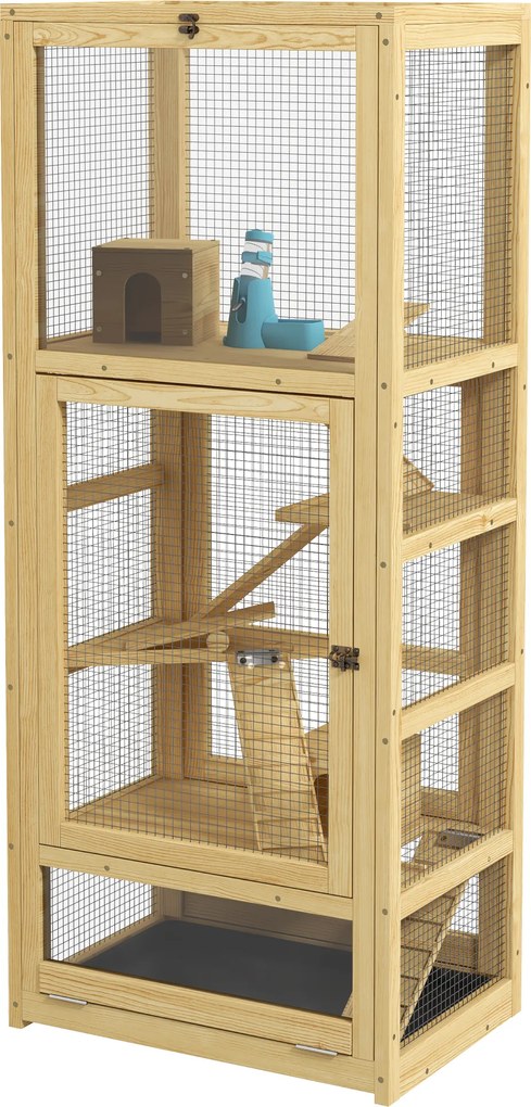 Gaiola para hamsters ou pequenos animais em madeira, com 5 níveis, escada, casinha e Baloiço, 54 x 38 x 131 cm, natural