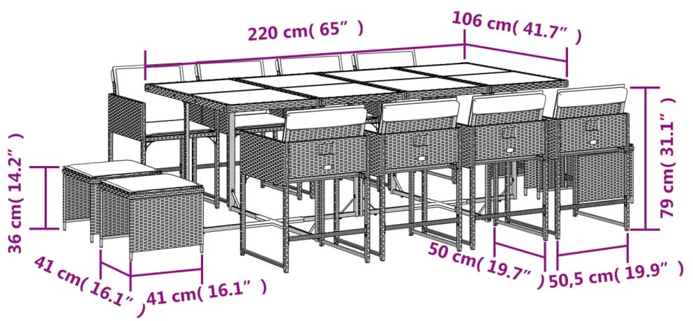 13 pcs conjunto jantar p/ jardim c/ almofadões vime PE cinzento