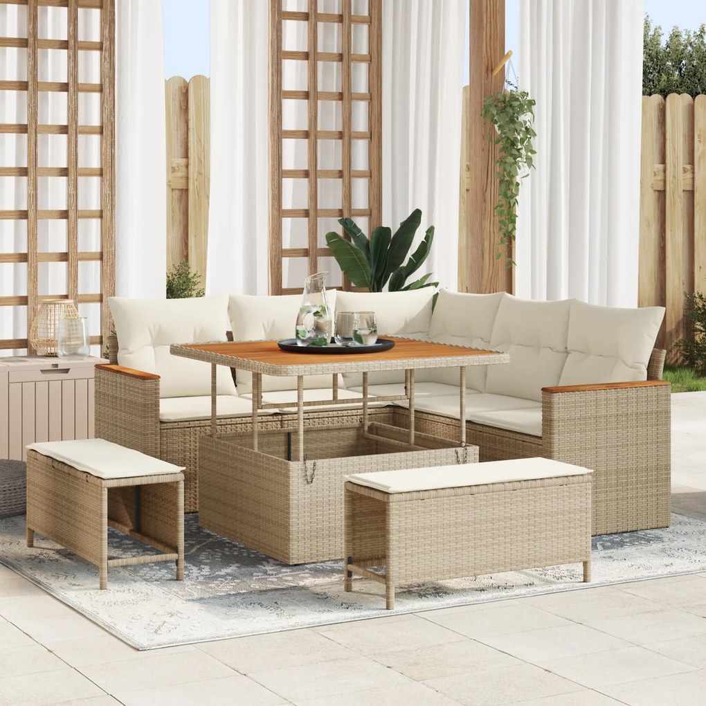 Conjunto de Sofá de Jardim de 8 Peças com Almofadas Bege Vime PE Acácia