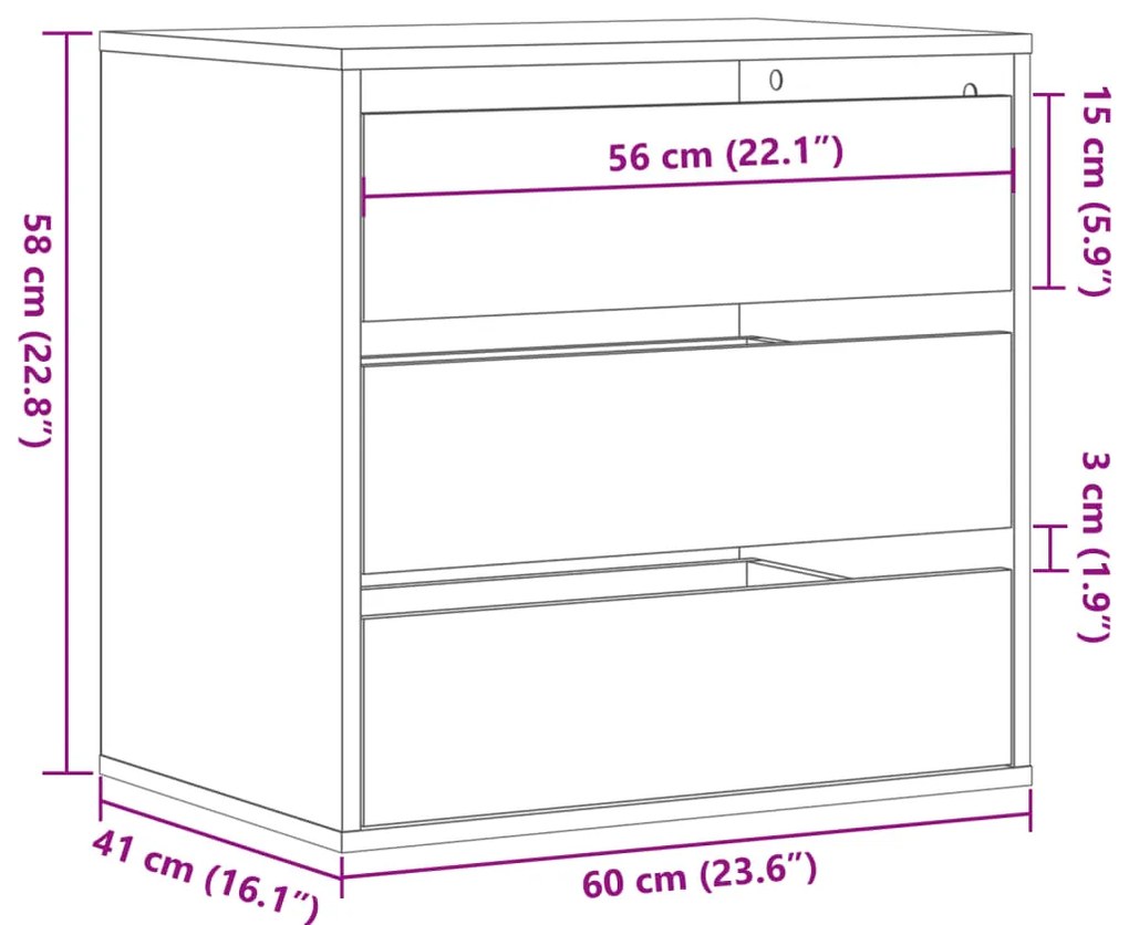 Cómoda com 3 Gavetas - 60x41x58 cm - derivados de madeira - cinzento s