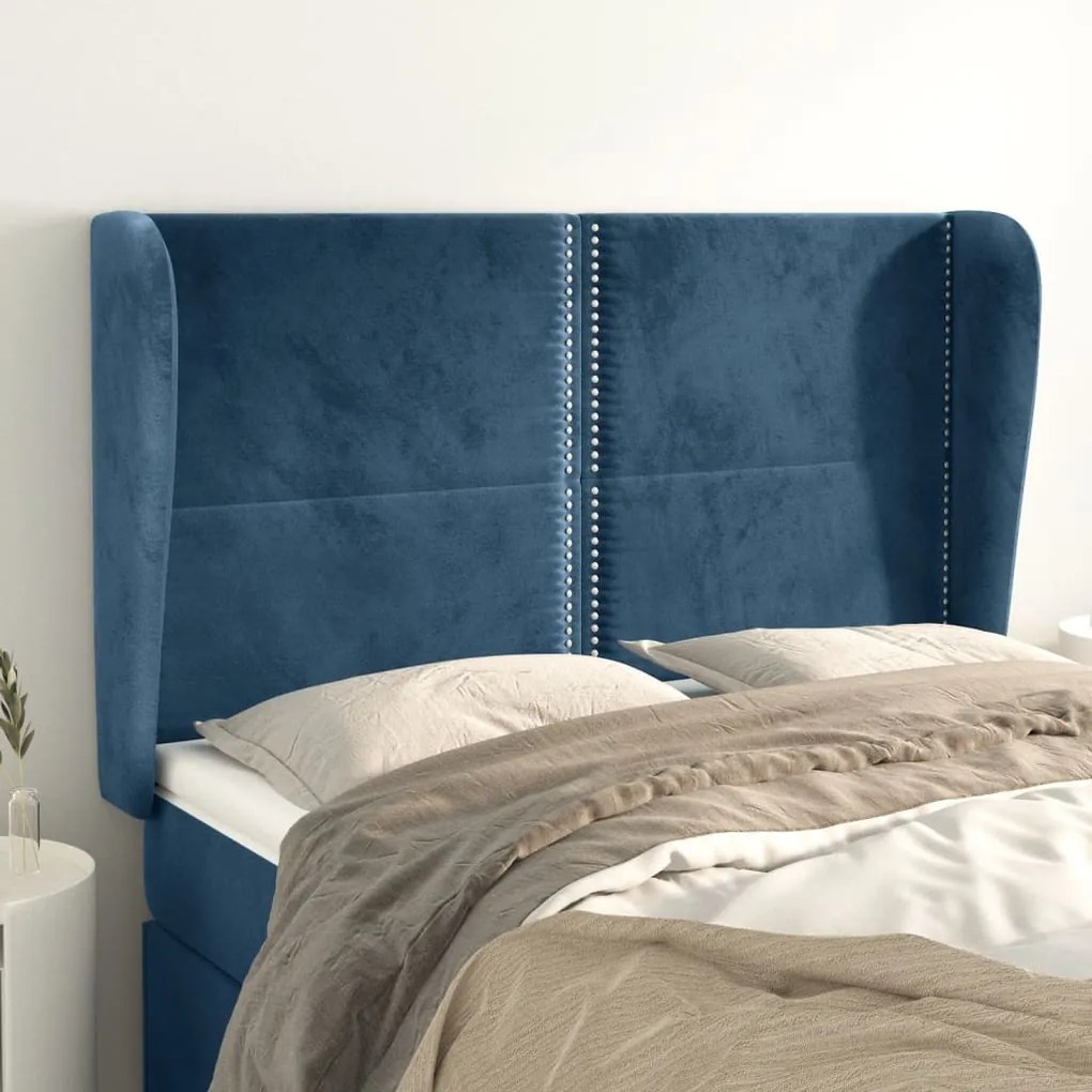vidaXL Cabeceira cama c/ abas veludo 147x23x118/128 cm azul-escuro