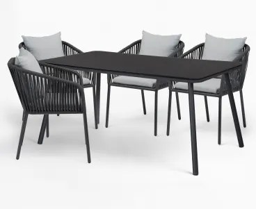 Conjunto De Mesa Retangular 160x90 Cm E 4 Cadeiras De Jantar Em Corda Trançada Arhiza Classic Cinza Grafito - Sklum