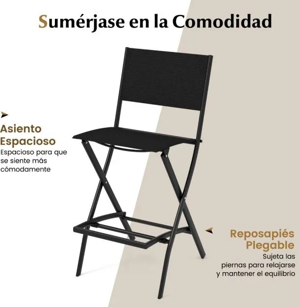 Conjunto de 2 bancos Bar dobráveis para varanda, jardim e piscina com estrutura metálica e apoio para os pés Carga de 150 kg 46 x 57 x 102 cm Preto