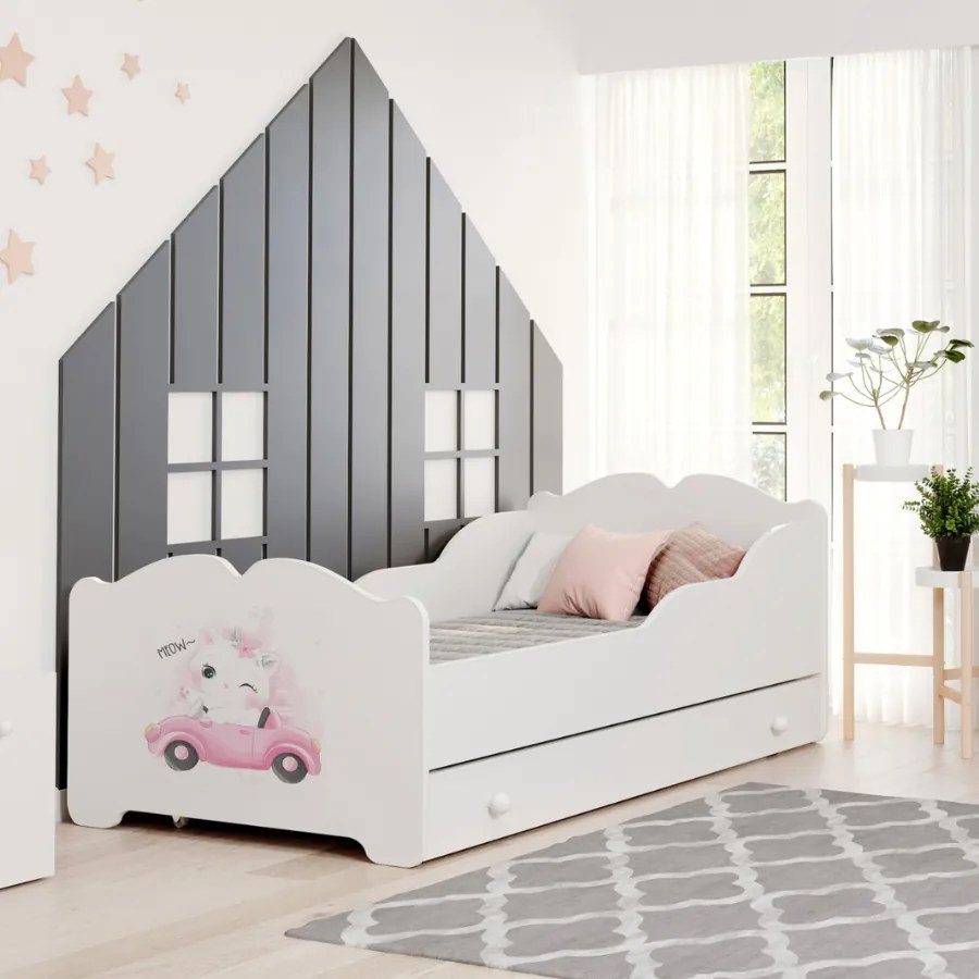 Cama infantil ANNA branca com gaveta 160x80 - gato rosa - colchão e estrado incluído