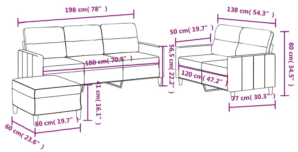 3 pcs conjunto de sofás com almofadões tecido cinza-acastanhado