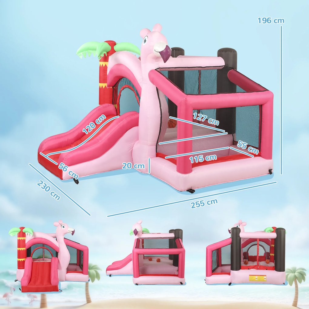 Castelo Insuflável para Crianças com Insuflador Escorrega Cama Elástica Piscina de Bolas Cesto de Basquetebol 255x230x196 cm