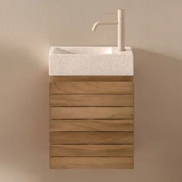 Conjunto De Móvel De Casa De Banho Suspenso Em Madeira De Teca Com Lavatório Integrado Em Cimento Napier Madeira De Teca & Sem Espelho & - Sklum