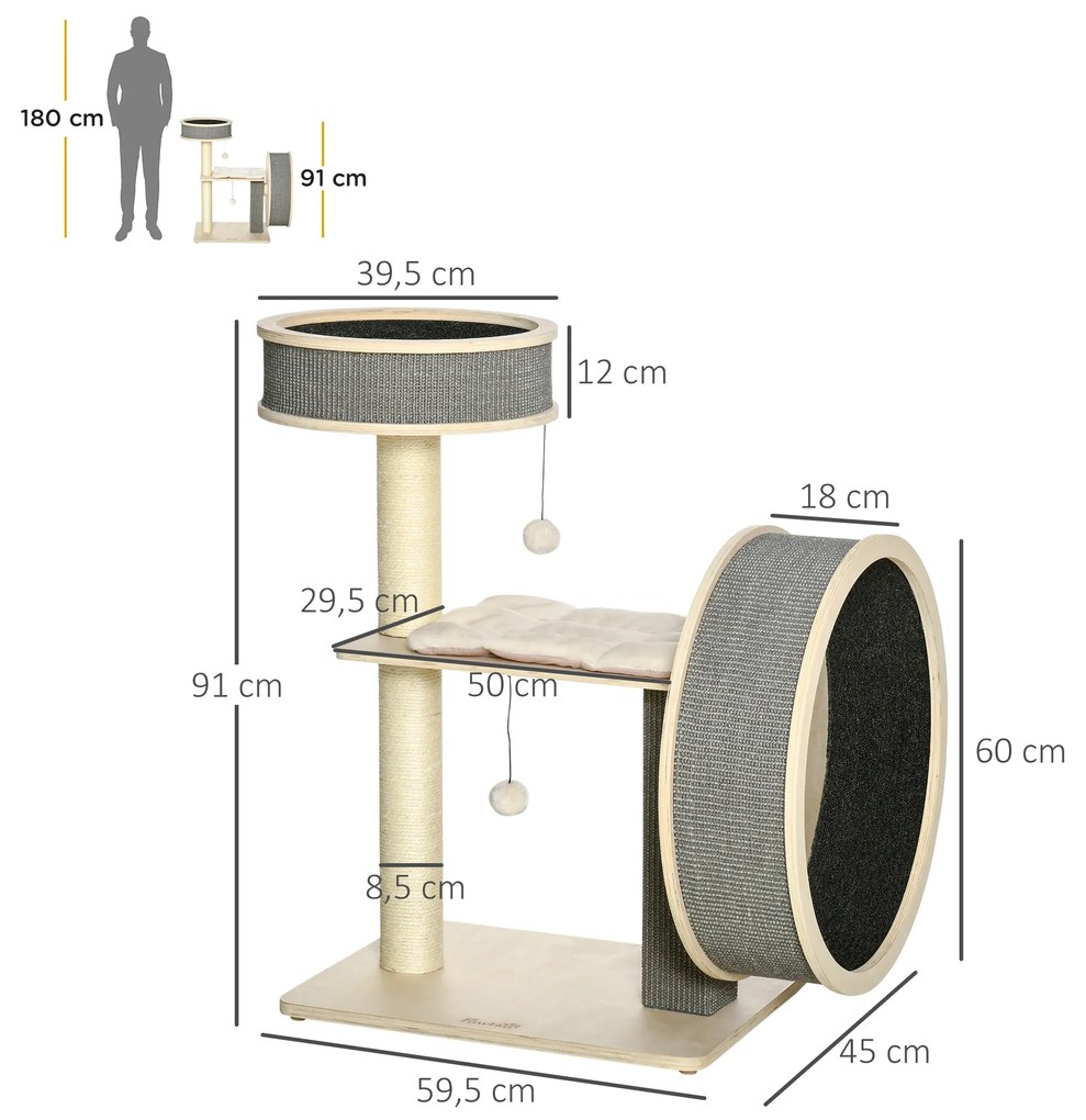PawHut Árvore Arranhador para Gatos Médios Altura 91cm Torre de Escalada Gatos com Roda para Exercitar Cama Plataforma Almofadas Poste de Sisal e Bolas de Brinquedo Cinza e Creme