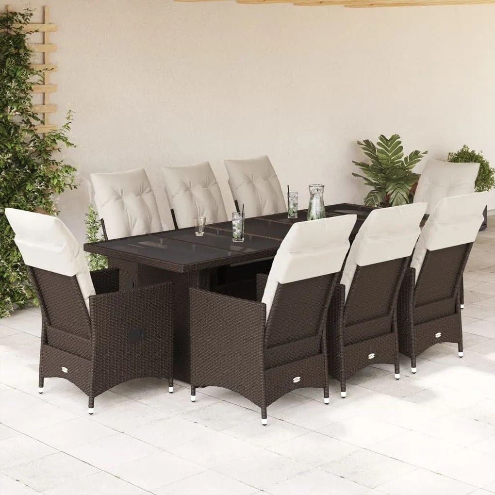 vidaXL 9 pcs conjunto bistrô de jardim c/ almofadões vime PE castanho