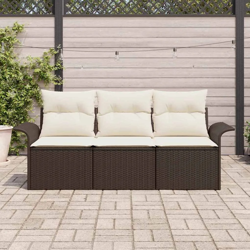 Conjunto de Sofá de Jardim vidaXL 3 Peças com Almofadas Castanho Polí
