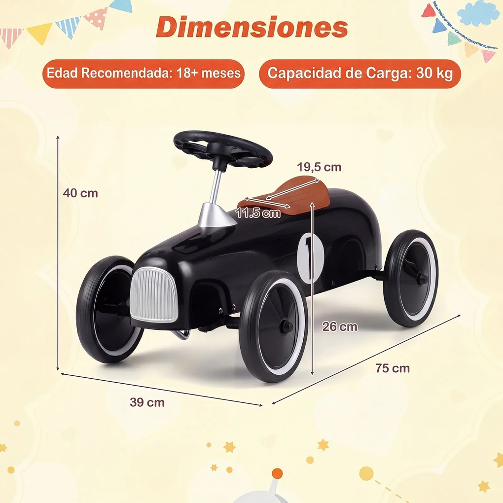 Carrinho Infantil de Condução Vintage, 75 x 39 x 40 cm, Ângulo de Direção Limitado a 50°, Preto