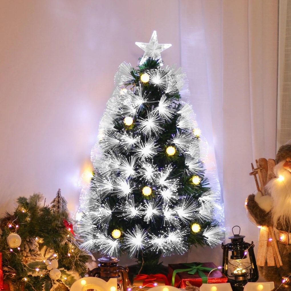 Árvore de Natal 90 cm Árvore de Natal com Fibra Óptica Árvore de Natal Artificial com 90 Luzes LED e 90 Ramos Verde e Branco