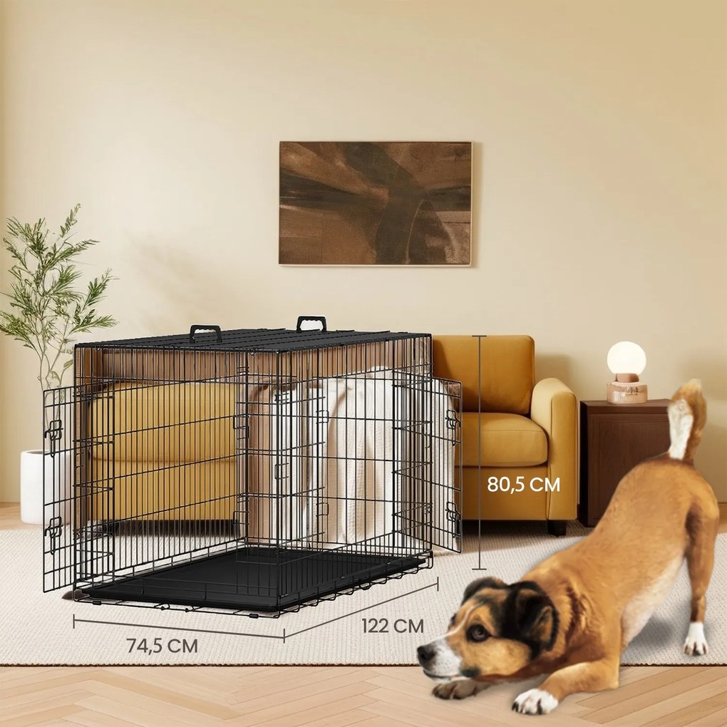 Gaiola dobrável para cães com 2 portas 122 x 74,5 x 80,5 cm preto