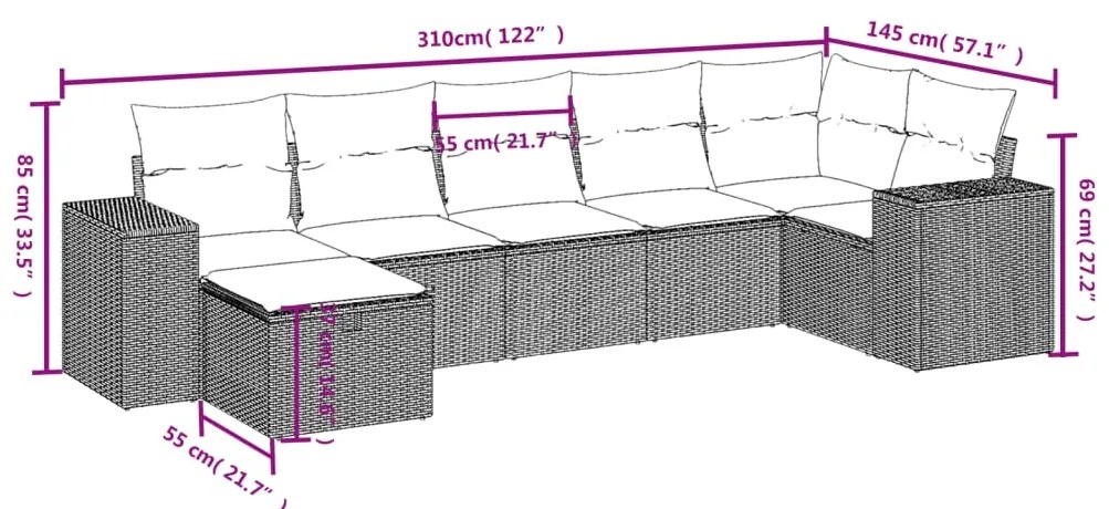 7 pcs conjunto de sofás jardim c/ almofadões vime PE castanho