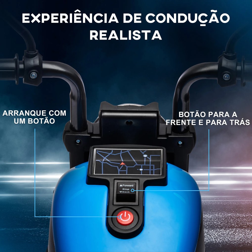 Mota Elétrica para Crianças de 18-36 Meses com Bateria 6V Farol e Rodas Auxiliares Removíveis 76x42x57 cm Azul
