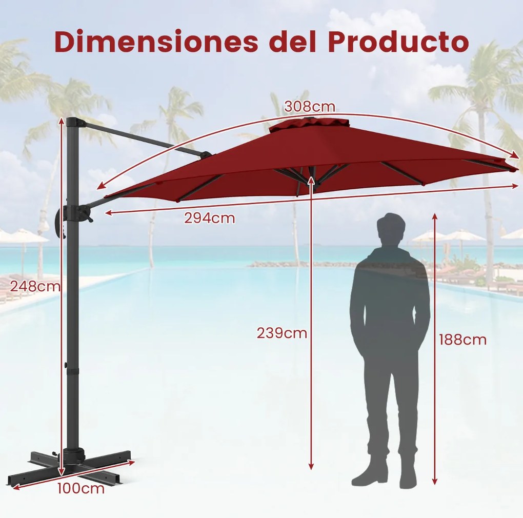 Guarda-sol redondo jardim 294 x 247 cm Guarda-sol suspenso com rotação de 360° Base cruzada 5 inclinações ajustáveis Cor de vinho
