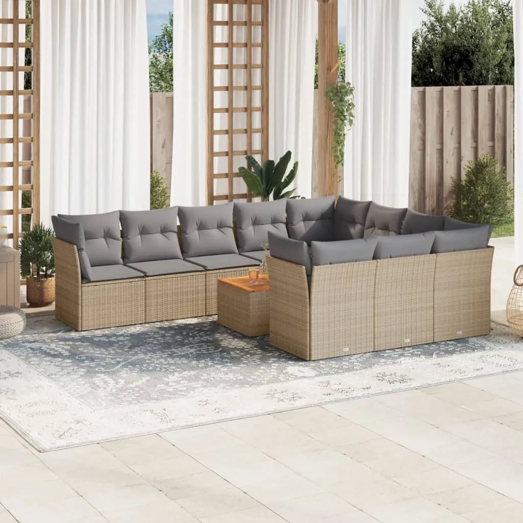 11 pcs conjunto sofás de jardim c/ almofadões vime PE bege
