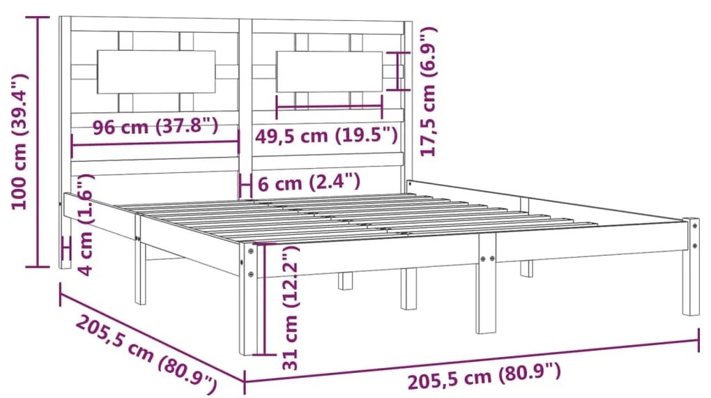 Estrutura de cama 200x200 cm pinho maciço preto