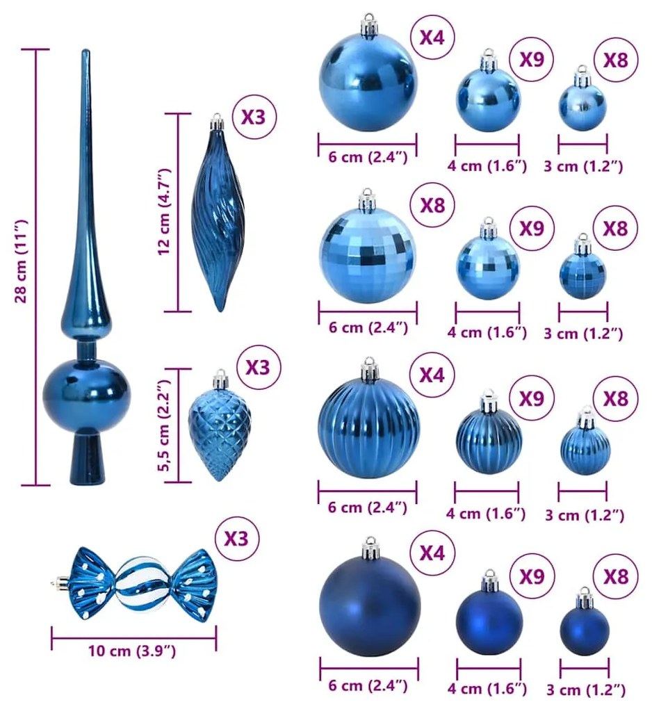 Enfeites de Natal 98 pcs Ø3/4/6 cm azul