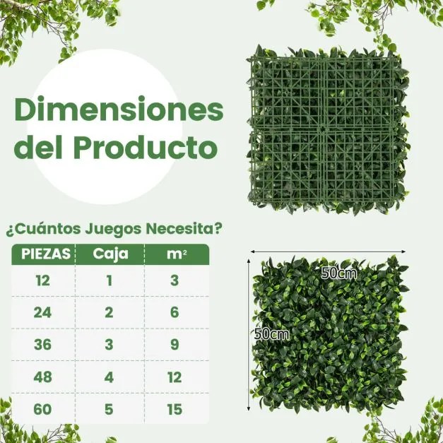 12 Pcs Painéis de Parede de Relva Artificial 50 x 50 cm  Ivy Topiary Gardenia Vegetação Falsa Fundo de Parede