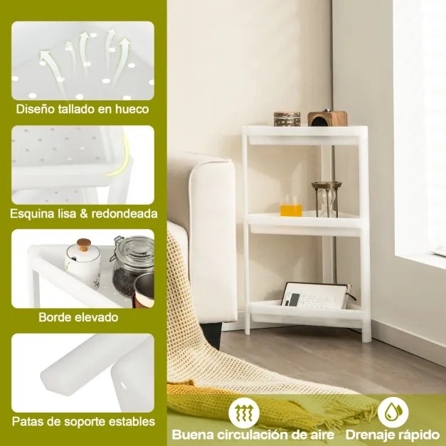 2 Prateleiras de canto removíveis para chuveiro de piso de 3 camadas para banheiro 33 x 33 x 70 cm branco