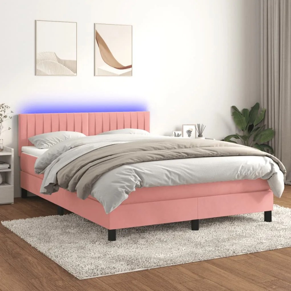 Cama box spring c/ colchão/LED 140x200 cm veludo rosa